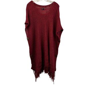 Bayberry Road Women’s Knit Poncho Sweater Half Sleeve Burgundy One Size Fringe